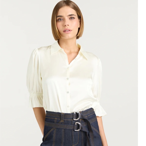 Cing à Sept Fiona Ruffle Cuff Silk Button-Up Shirt